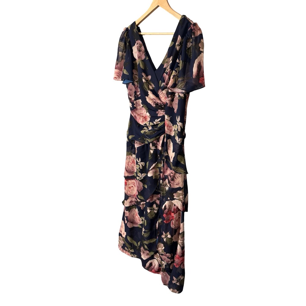 Xscape Women 12 Navy Blue Floral Chiffon Ruched Tiered Ruffle Gown 4959X - Picture 3 of 8
